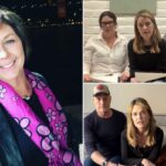 Nancy Guthrie sorrindo com uma jaqueta escura e um lenço rosa com flores, com um corpo d'água e luzes da cidade ao fundo à noite.