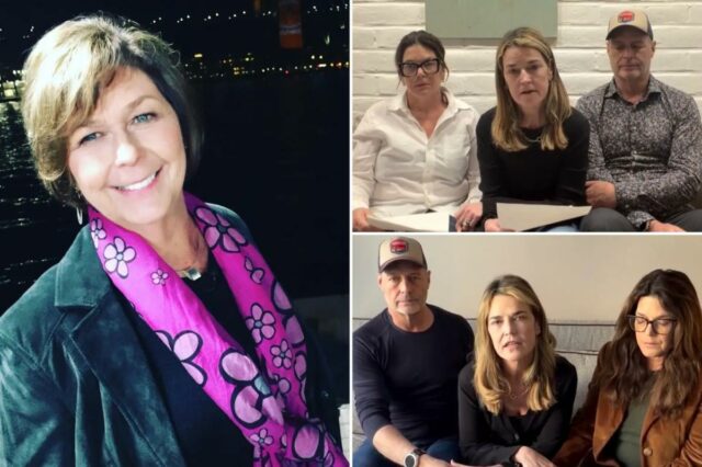 Nancy Guthrie sorrindo com uma jaqueta escura e um lenço rosa com flores, com um corpo d'água e luzes da cidade ao fundo à noite.