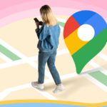 Fixo do Google Maps em um fundo de mapa exibindo congestionamentos de trânsito e um ícone de engrenagem de configurações.
