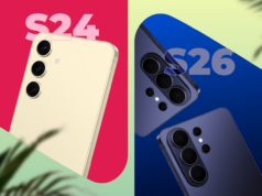 Por que o Galaxy S24 é uma compra melhor do que o S26 em 2026 Uma mão segurando um Galaxy S25 com um carregador Qi2 próximo e um alerta no meio.