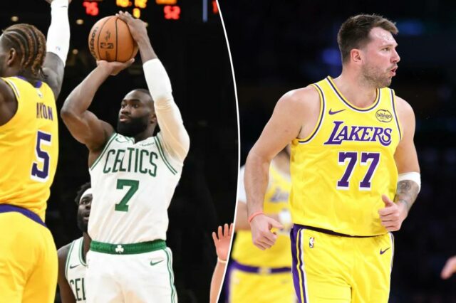 Previsão Celtics x Lakers: probabilidades, adereços, melhor aposta para domingo Jaylen Brown, do Boston Celtics, atirando contra o Los Angeles Lakers.