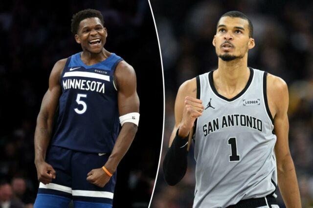 O guarda do Minnesota Timberwolves, Anthony Edwards (5), comemora.