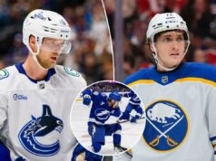 Previsões do Hóquei Olímpico Masculino: Melhores apostas para liderar o torneio em gols Elias Pettersson do Vancouver Canucks em sua camisa branca.