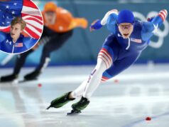 Probabilidades de patinação de velocidade masculina de 1500 m: Jordan Stolz é um grande favorito para ganhar a terceira medalha de ouro Jordan Stolz, da equipe de patinação de velocidade dos Estados Unidos, vestindo um terno azul, branco e vermelho com outro patinador de velocidade desfocado ao fundo durante a prova masculina de 500m.