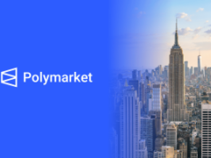 Processo de Nova York acusa Polymarket de administrar plataforma ilegal de apostas esportivas O processo de Nova York acusa a Polymarket de administrar uma plataforma ilegal de jogos de azar esportivos. Imagem dividida com o logotipo da Polymarket em um fundo azul sólido à esquerda e o horizonte da cidade de Nova York à direita, apresentando o Empire State Building em primeiro plano.