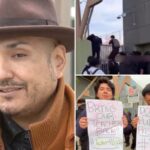 Ricardo Lopez, professor de História dos EUA e História AP dos EUA, vestindo um chapéu marrom e uma jaqueta marrom sobre uma camisa de colarinho preta, sendo entrevistado pela FOX 11.