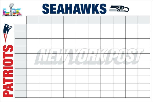 Quadrados do Super Bowl 2026: modelo de caixas para impressão para Seahawks vs.
