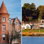 Um veleiro na água em frente a luxuosas casas à beira-mar em Greenwich, Connecticut.