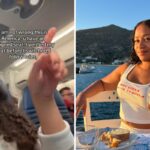 A screenshot of Instagram user @theultimatefoodieblog on a United flight (left) and sitting at a table outdoors.