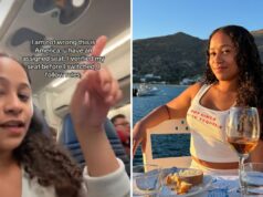 Razão pela qual o passageiro do avião se recusa a deixar a mulher sentar-se ao lado dela divide a opinião A screenshot of Instagram user @theultimatefoodieblog on a United flight (left) and sitting at a table outdoors.