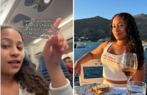 Razão pela qual o passageiro do avião se recusa a deixar a mulher sentar-se ao lado dela divide a opinião A screenshot of Instagram user @theultimatefoodieblog on a United flight (left) and sitting at a table outdoors.