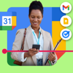 Mulher sorridente usando um smartphone em frente a um ícone do Google Agenda, cercado por uma paleta de cores, um sino de notificação desativado e um rótulo