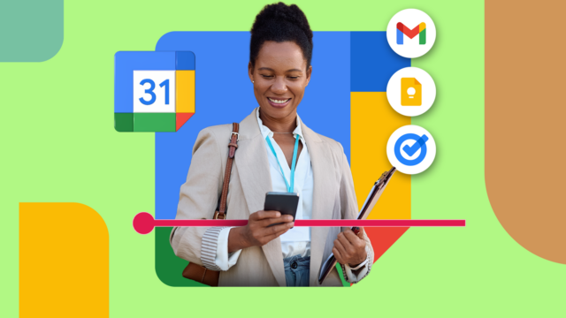 Mulher sorridente usando um smartphone em frente a um ícone do Google Agenda, cercado por uma paleta de cores, um sino de notificação desativado e um rótulo 