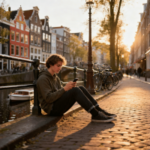 O regulador holandês alerta que o jogo está se tornando normalizado na vida cotidiana em toda a Holanda. Jovem sentado em uma borda à beira do canal em Amsterdã ao pôr do sol, olhando para seu smartphone, com bicicletas, edifícios históricos estreitos e luz dourada quente ao longo de uma rua de paralelepípedos.