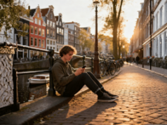Regulador holandês alerta que o jogo está se tornando normalizado na vida cotidiana em toda a Holanda O regulador holandês alerta que o jogo está se tornando normalizado na vida cotidiana em toda a Holanda. Jovem sentado em uma borda à beira do canal em Amsterdã ao pôr do sol, olhando para seu smartphone, com bicicletas, edifícios históricos estreitos e luz dourada quente ao longo de uma rua de paralelepípedos.