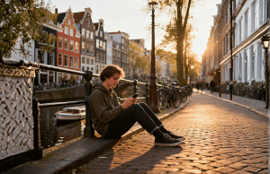 Regulador holandês alerta que o jogo está se tornando normalizado na vida cotidiana em toda a Holanda O regulador holandês alerta que o jogo está se tornando normalizado na vida cotidiana em toda a Holanda. Jovem sentado em uma borda à beira do canal em Amsterdã ao pôr do sol, olhando para seu smartphone, com bicicletas, edifícios históricos estreitos e luz dourada quente ao longo de uma rua de paralelepípedos.