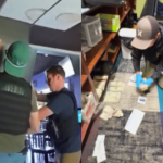 Imagem dividida mostrando atividades policiais durante uma investigação de jogo ilegal. À esquerda, policiais vestindo coletes táticos vasculham o interior de uma empresa com máquinas de jogos visíveis. À direita, investigadores usando luvas ajoelham-se no chão, recolhendo pilhas de dinheiro e colocando-as em sacos de provas dentro de uma sala com prateleiras e cadeiras. Repressão ao jogo na Flórida Central atinge caixas eletrônicos em varredura em todo o estado