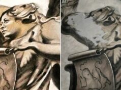 Rosto de anjo estilo Meloni estampado após protestos O rosto do anjo havia desaparecido quando a igreja abriu suas portas na quarta-feira: o corpo do querubim permanece, mas o rosto foi apagado com uma placa de tinta ou gesso desleixada.