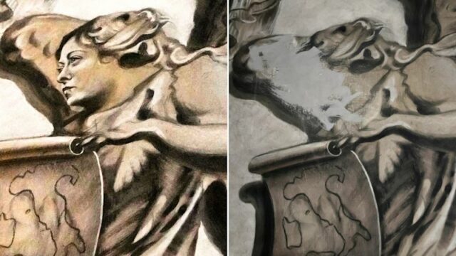 O rosto do anjo havia desaparecido quando a igreja abriu suas portas na quarta-feira: o corpo do querubim permanece, mas o rosto foi apagado com uma placa de tinta ou gesso desleixada.