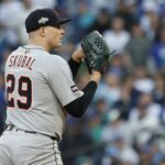 SEATTLE, WASHINGTON - OCTOBER 05: Tarik Skubal #29 of the Detroit Tigers pitches against the Seattle Mariners during the fourth inning in game two of the Division Series at T-Mobile Park on October 05, 2025 in Seattle, Washington. (Photo by Alika Jenner/Getty Images)