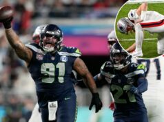 Seahawks dominam Drake Maye, Patriots para vencer o Super Bowl 2026 Byron Murphy II comemorando uma recuperação complicada com seu companheiro de equipe Devon Witherspoon no Super Bowl 60.