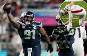 Seahawks dominam Drake Maye, Patriots para vencer o Super Bowl 2026 Byron Murphy II comemorando uma recuperação complicada com seu companheiro de equipe Devon Witherspoon no Super Bowl 60.