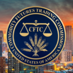 Selo circular da Commodity Futures Trading Commission (CFTC) centrado no horizonte de Chicago ao pôr do sol, apresentando balanças de justiça e trigo dentro de um emblema azul e dourado. Senadores democratas questionam cortes de pessoal da CFTC em preocupações com a fiscalização dos escritórios de Chicago