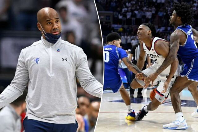 O técnico principal do Seton Hall, Shaheen Holloway, gesticula no segundo tempo de um jogo de basquete universitário da NCAA contra a UConn, sábado, 28 de fevereiro de 2026, em Storrs, Connecticut. 