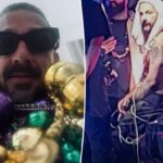 Shia LaBeouf usando óculos escuros e muitas contas de Mardi Gras.