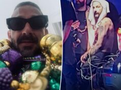 Shia LaBeouf fala após prisão no Mardi Gras, Mia Goth divide notícias Shia LaBeouf usando óculos escuros e muitas contas de Mardi Gras.