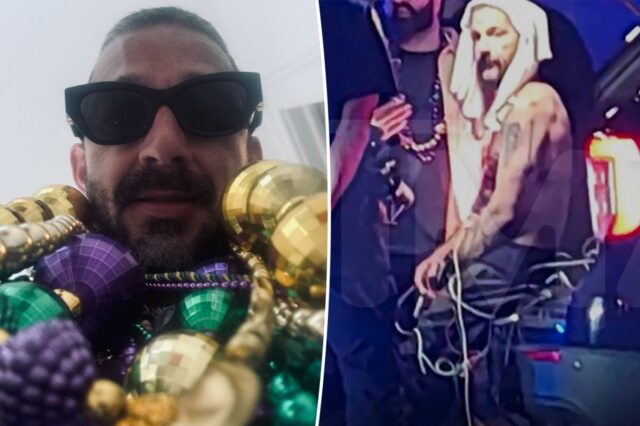 Shia LaBeouf fala após prisão no Mardi Gras, Mia Goth Shia LaBeouf usando óculos escuros e muitas contas de Mardi Gras.