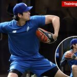 Shohei Ohtani nº 17 dos arremessos do Los Angeles Dodgers durante os treinos de primavera.