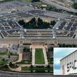 O logotipo da SpaceX e uma bandeira americana exibida em um prédio.