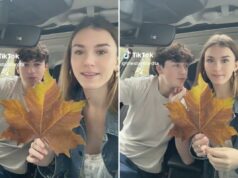 ‘Teste de folha’ de relacionamento lúdico dá errado, colocando namorado desavisado na mira do relacionamento Dois adolescentes em um carro, um menino à esquerda olhando para uma menina à direita, que segura uma grande folha de outono.