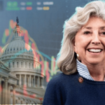 O deputado Titus de Nevada revela projeto de lei de mercados de previsão visando pressão de supervisão de brechas esportivas. A deputada de Nevada, Dina Titus, sorrindo diante de um cenário com o Capitólio dos EUA e gráficos coloridos do mercado financeiro, ilustrando a proposta de supervisão federal dos mercados de previsão esportiva.