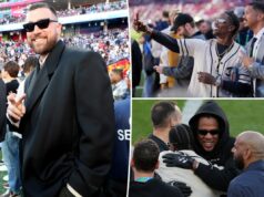 Todas as celebridades do Super Bowl 2026: Travis Kelce, Jay-Z, Chris Pratt e mais Jay-Z e Blue Ivy Carter em campo antes do Super Bowl LX entre o New England Patriots e o Seattle Seahawks no Levi's Stadium em 8 de fevereiro de 2026 em Santa Clara, Califórnia.