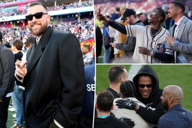 Jay-Z e Blue Ivy Carter em campo antes do Super Bowl LX entre o New England Patriots e o Seattle Seahawks no Levi's Stadium em 8 de fevereiro de 2026 em Santa Clara, Califórnia.