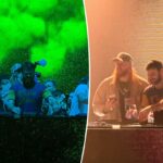 Travis Kelce, George Kittle e Rob Gronkowski em um show do Chainsmokers.