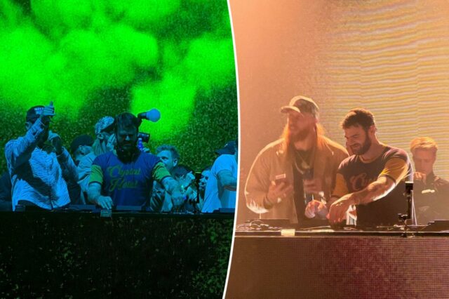 Travis Kelce, George Kittle e Rob Gronkowski em um show do Chainsmokers.