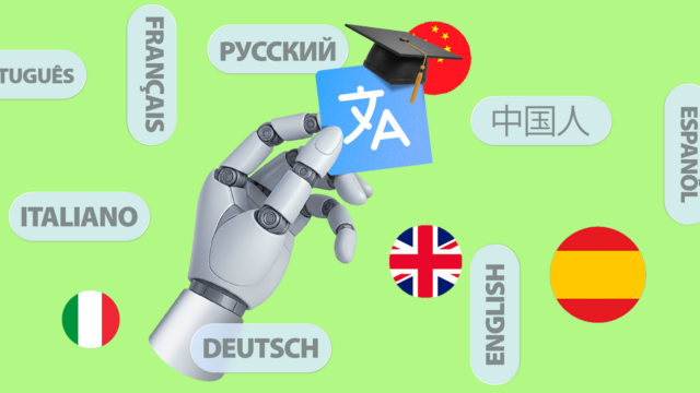 Mulher sorridente olhando para um smartphone, com vários ícones da bandeira nacional ao seu redor.