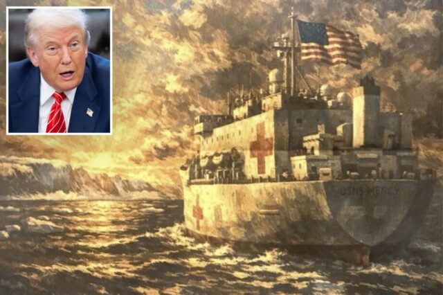 Trump envia navio-hospital para a Groenlândia – depois que a Donald Trump fala à mídia após assinar um projeto de lei de financiamento no Salão Oval.