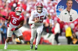 Ty Simpson faz a ‘melhor’ promessa à medida que uma intrigante perspectiva de draft surge como possibilidade do Jets QB O quarterback do Alabama, Ty Simpson (15), correndo com a bola durante o Rose Bowl contra o Indiana.