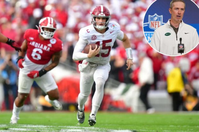 O quarterback do Alabama, Ty Simpson (15), correndo com a bola durante o Rose Bowl contra o Indiana.