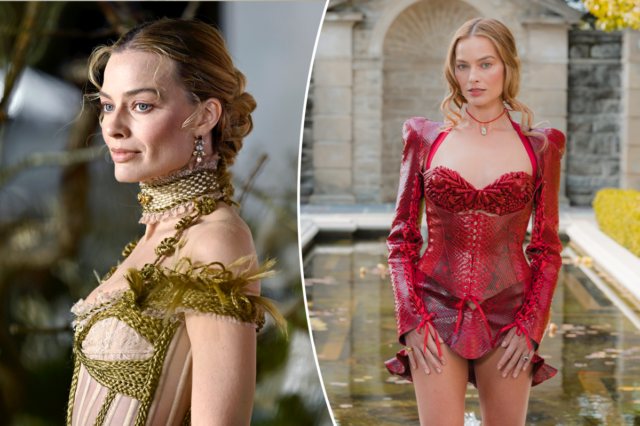 Uma olhada mais de perto nas roupas da turnê de imprensa de 'O Morro dos Ventos Uivantes' de Margot Robbie
