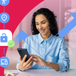 Homem relaxando em um pufe desconectado de um smartphone grande exibindo o símbolo