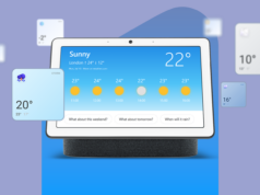 Veja como o Google Home obtém os dados para sua previsão do tempo Um grupo de alto-falantes inteligentes Google Home e Nest flutuando em torno de um grande ícone de ponto de exclamação vermelho.