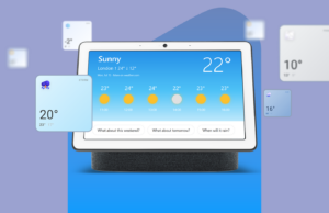 Veja como o Google Home obtém os dados para sua previsão do tempo Um grupo de alto-falantes inteligentes Google Home e Nest flutuando em torno de um grande ícone de ponto de exclamação vermelho.