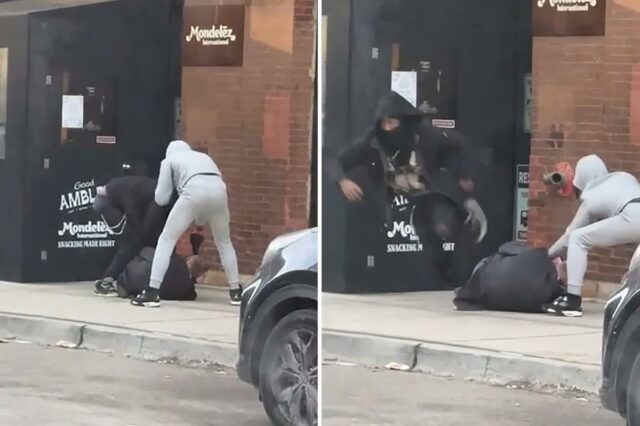 Vídeo horrível mostra dois bandidos mascarados roubando homem sob a mira de uma arma em uma emboscada descarada em Chicago
