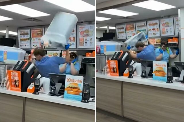Vídeo viral mostra funcionários do Texas Whataburger espancando um cliente indisciplinado com uma lata de lixo e uma cesta de frituras após um suposto ataque de bêbado
