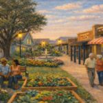 Ilustração de uma vila com lojas, casas, jardim e casais de idosos.